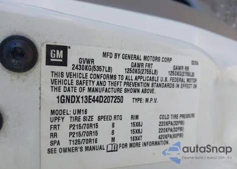 2004 Chevrolet Venture Lt z USA, uszkodzony, nr VIN 1GNDX13E44D207250